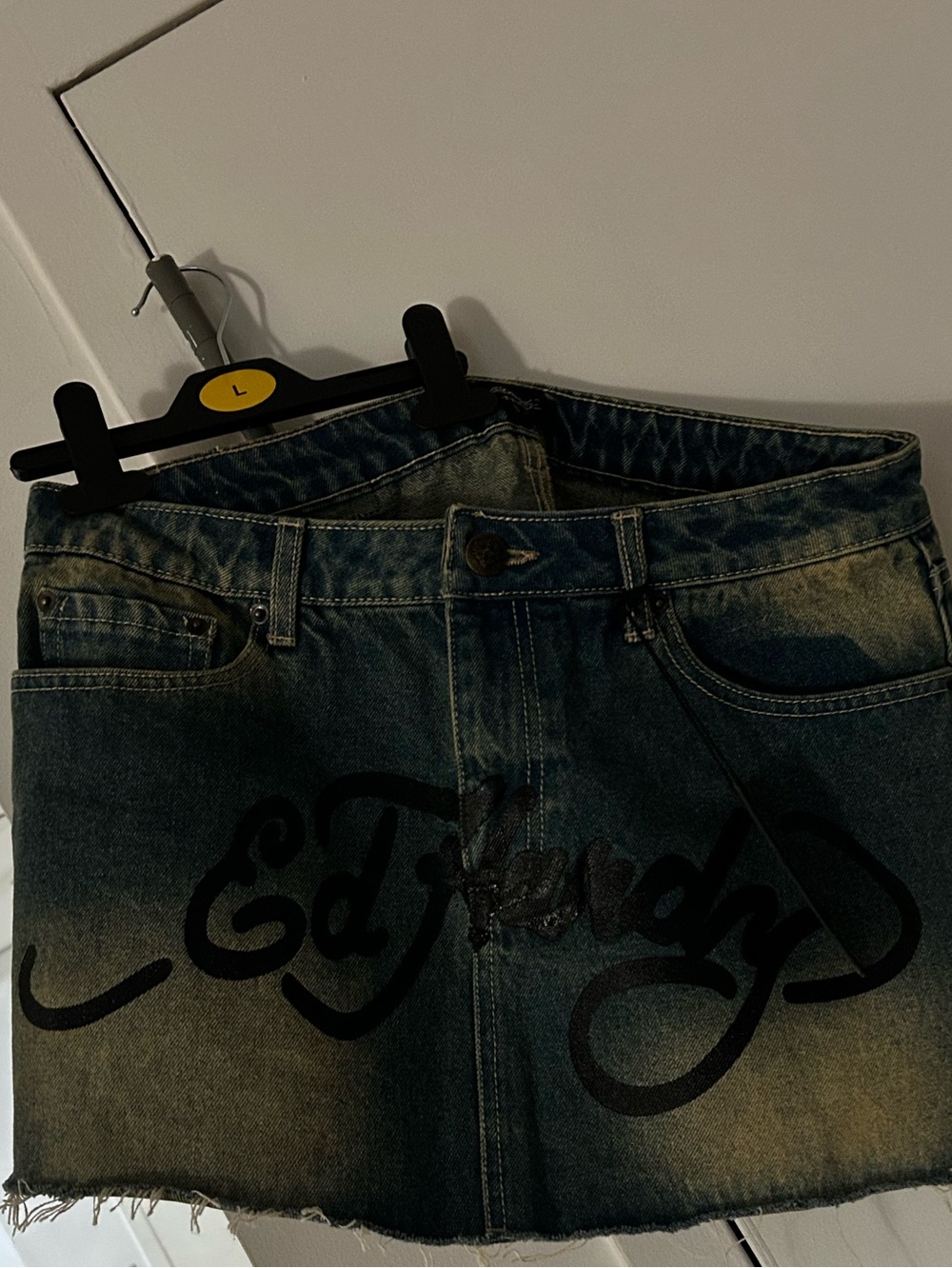 Ed Hardy Blue Denim Mini Skirt with Black Script